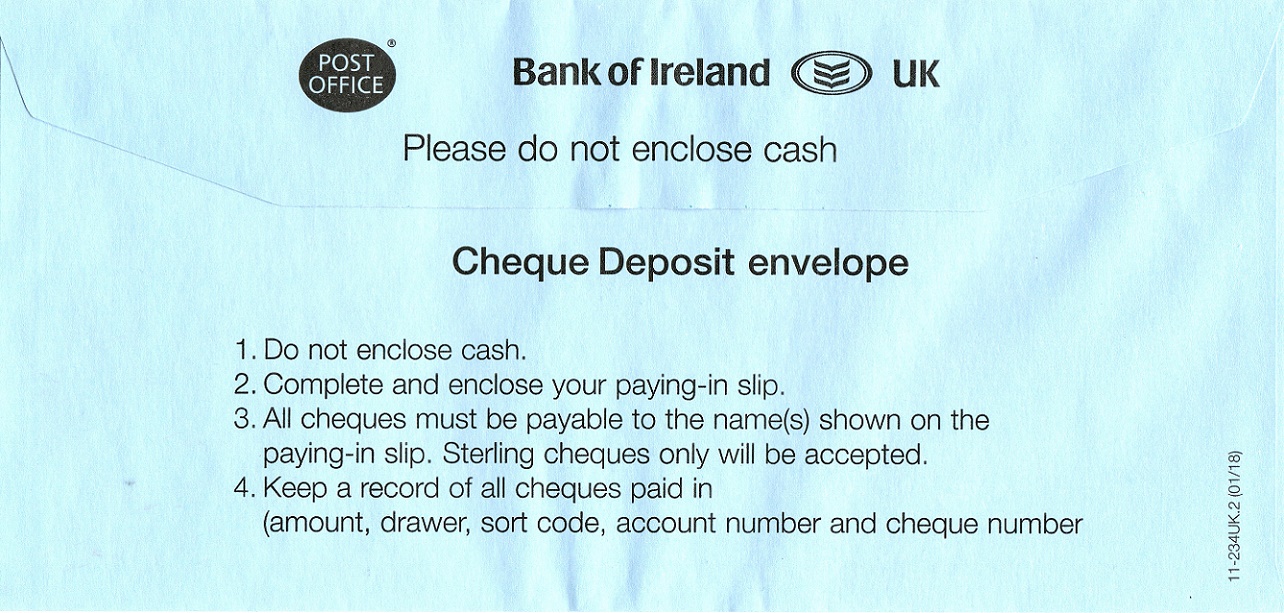 Bank of Ireland Bank Cheque Deposit Envelope