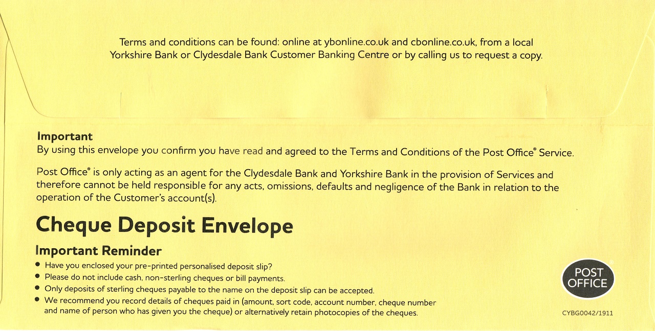 Clydesdale Yorkshire Bank Cheque deposit envelope