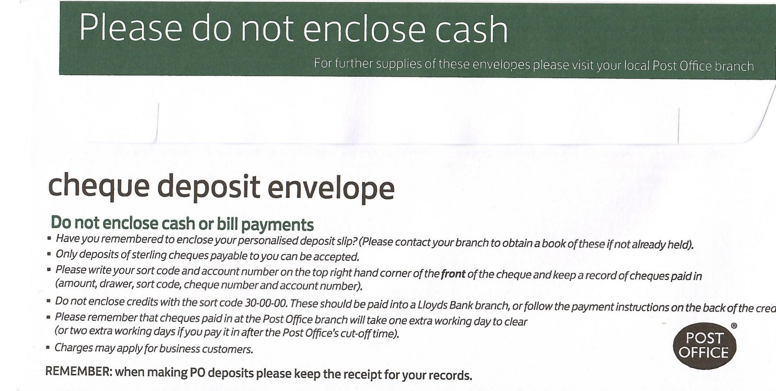 Lloyds Cheque Deposit envelope