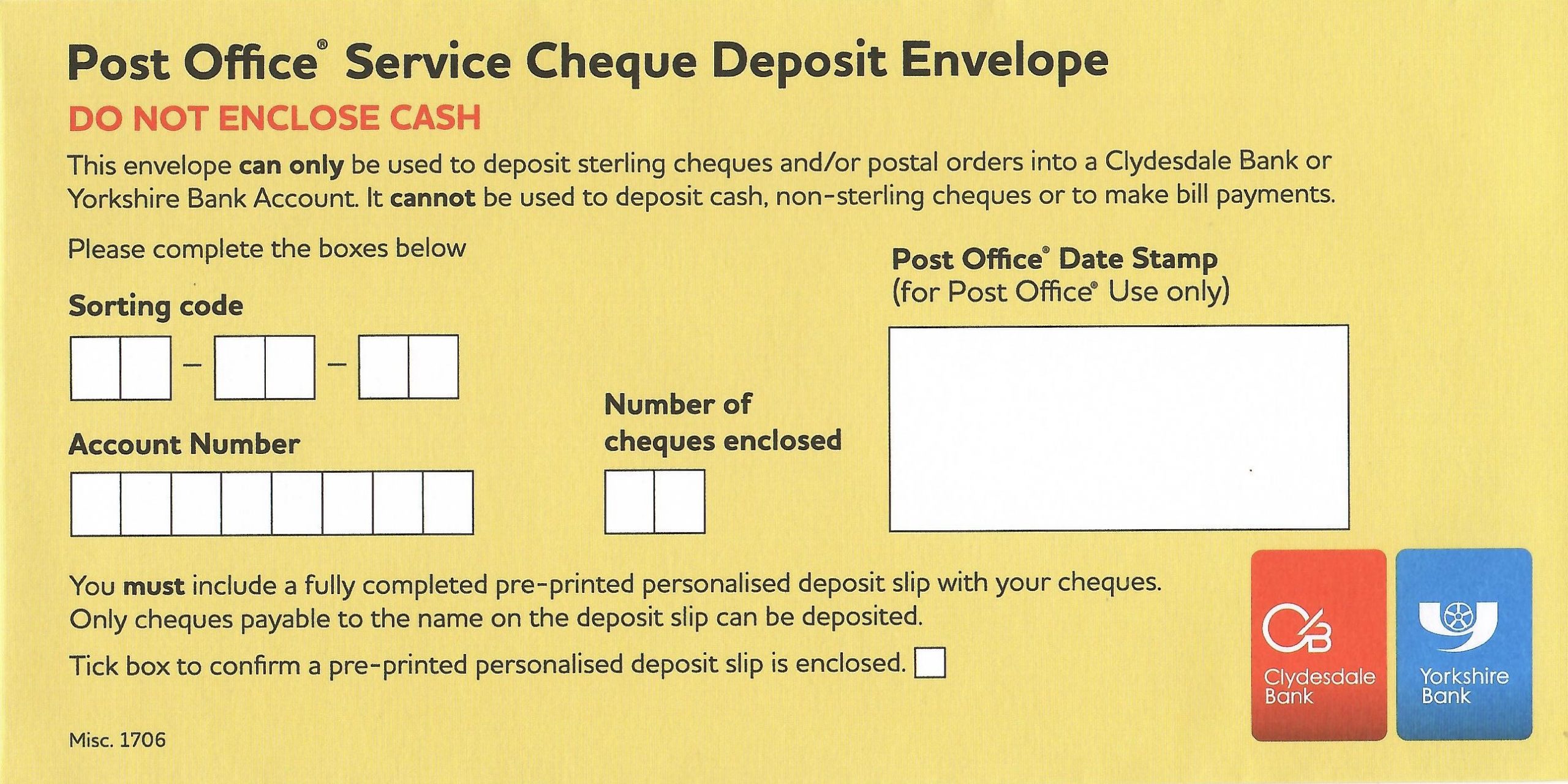 Yorkshire Bank Cheque deposit 
