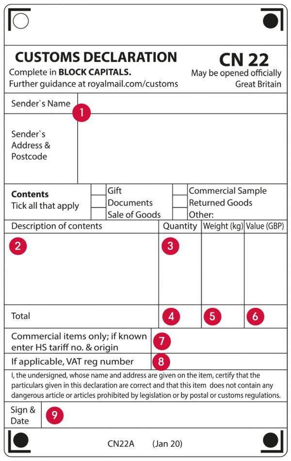 CN22 customs form - Gale Street Post Office